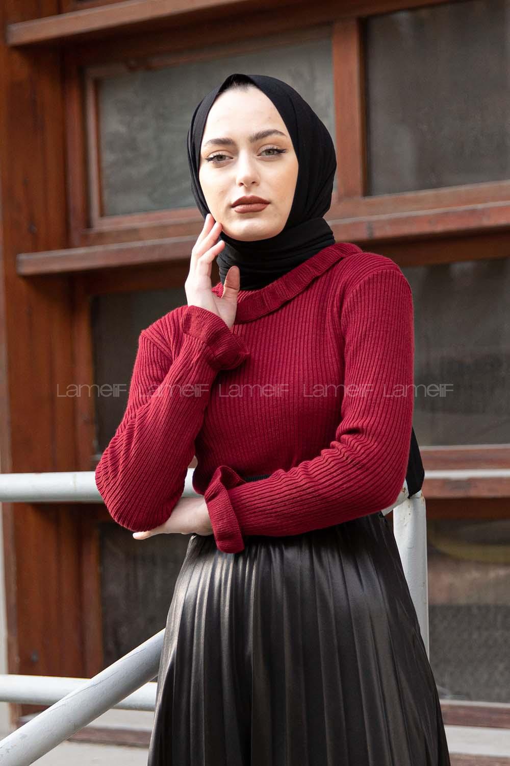 Modalamelif Boğazlı Fırfırlı Triko Kazak Bordo