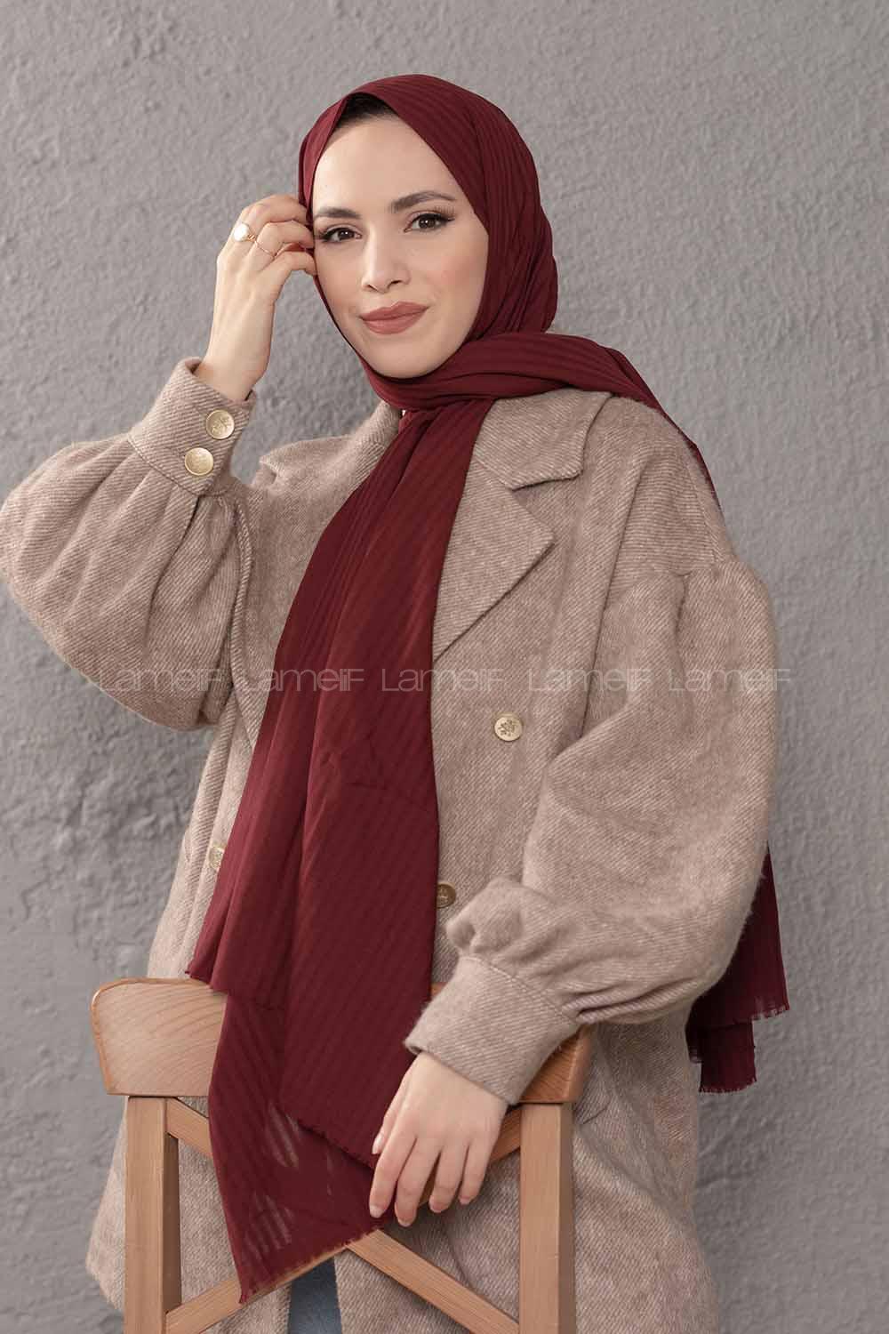 Modalamelif Çizgili Keten Şal Acı Bordo