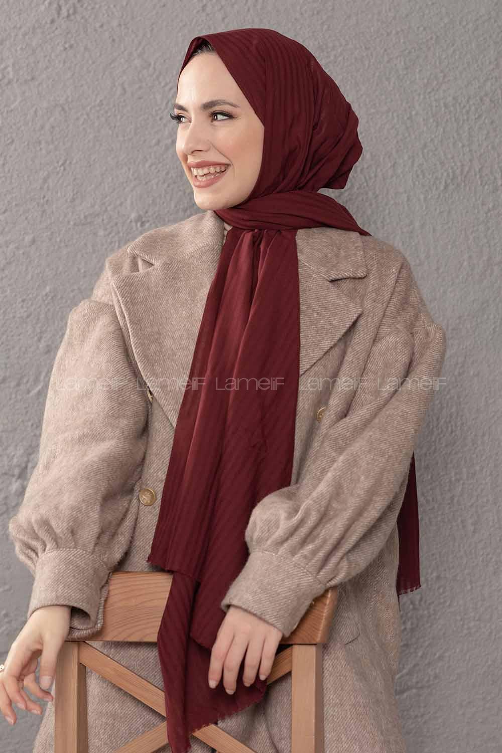 Modalamelif Çizgili Keten Şal Acı Bordo