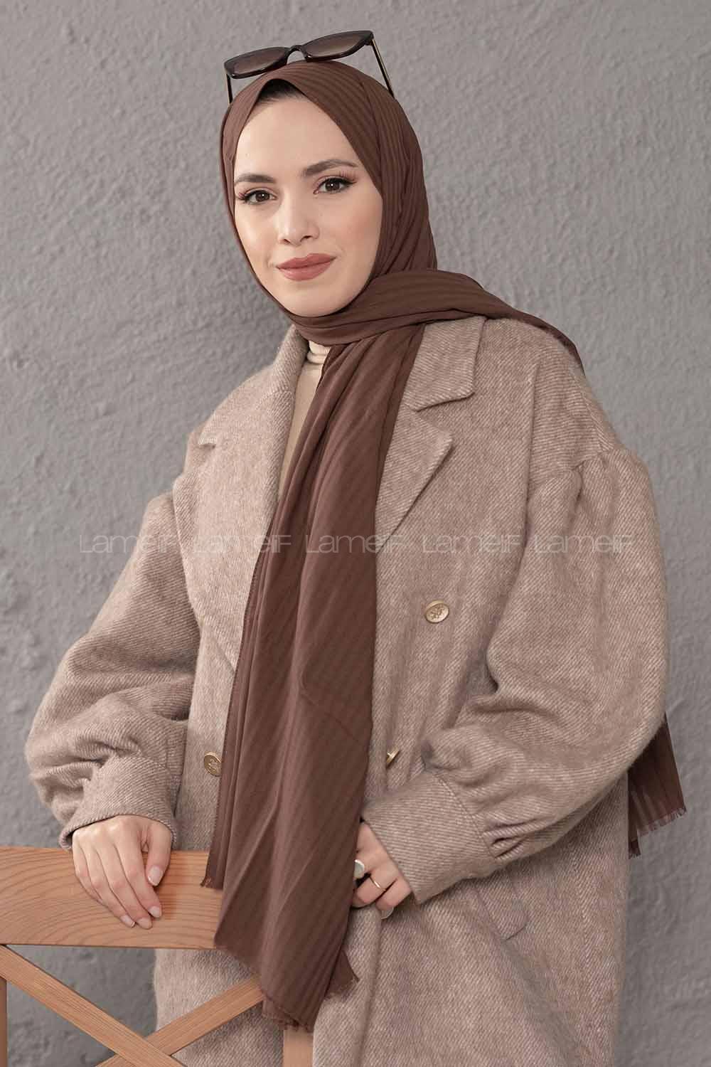 Modalamelif Çizgili Keten Şal Acı Kahve