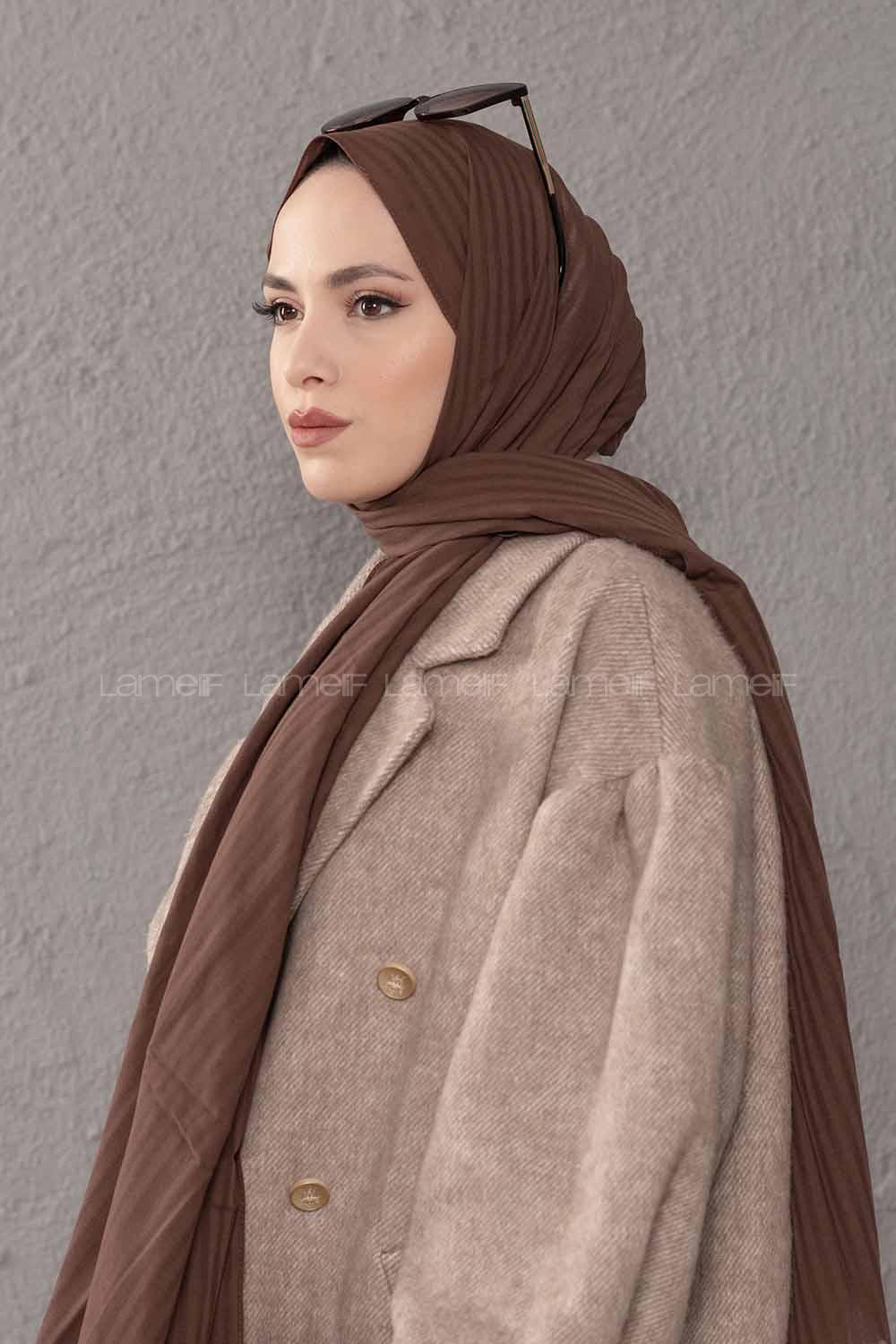 Modalamelif Çizgili Keten Şal Acı Kahve