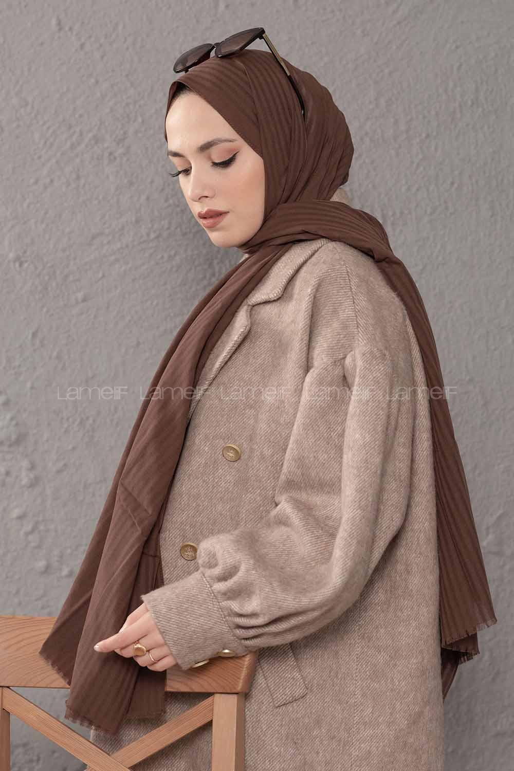 Modalamelif Çizgili Keten Şal Acı Kahve