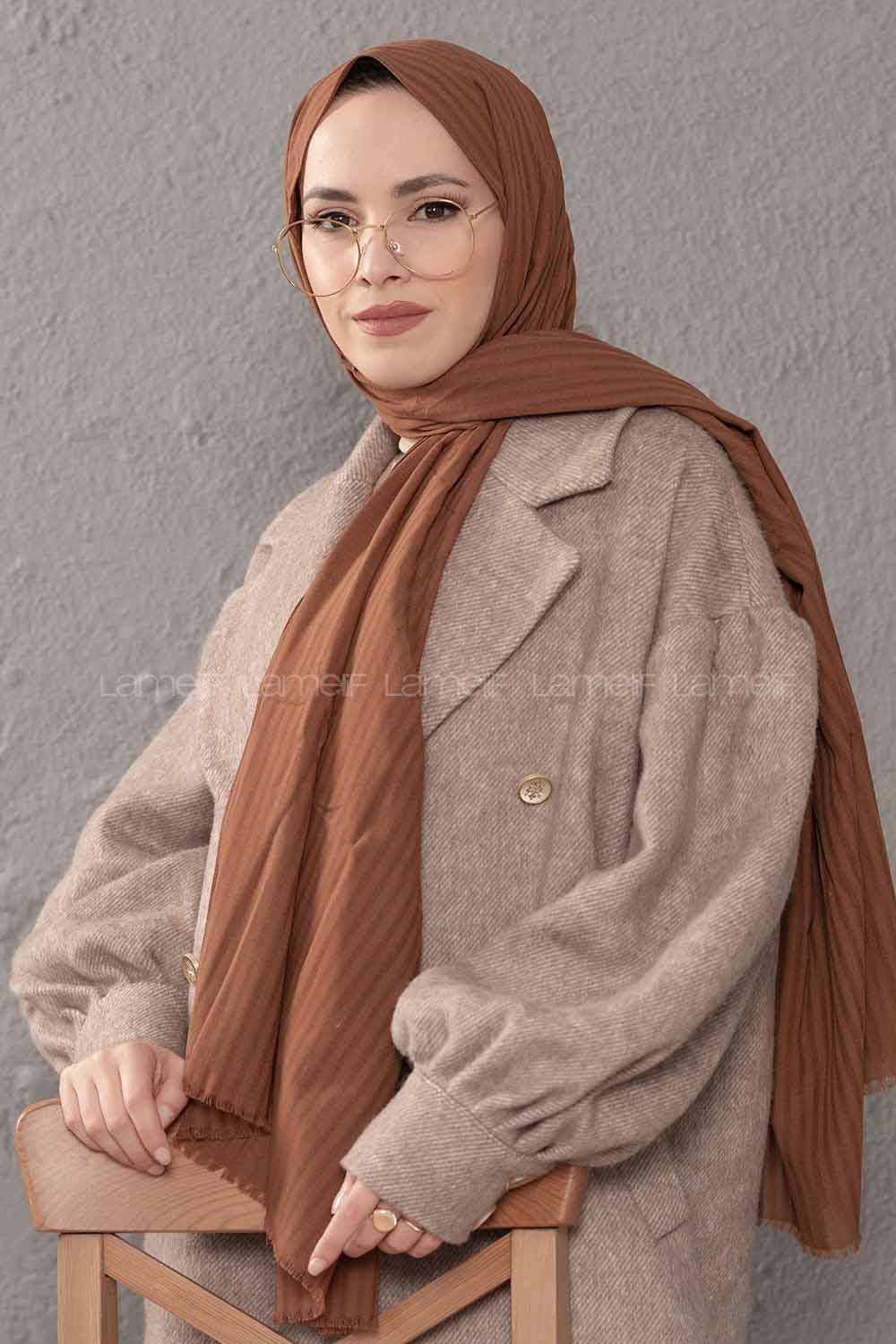 Modalamelif Çizgili Keten Şal Çikolata Kahve