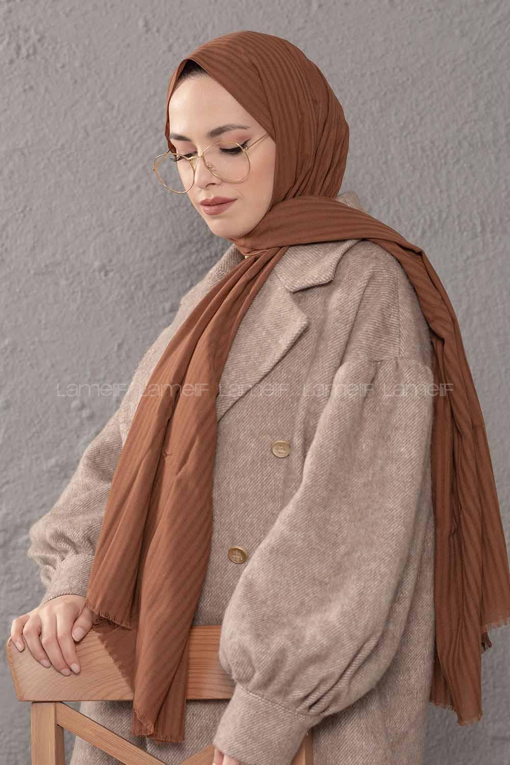 Modalamelif Çizgili Keten Şal Çikolata Kahve