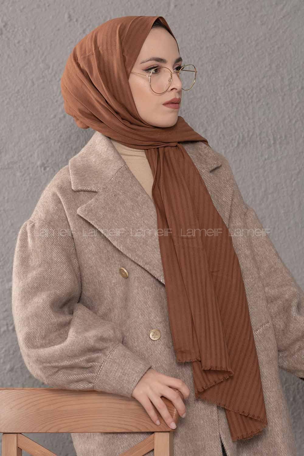 Modalamelif Çizgili Keten Şal Çikolata Kahve