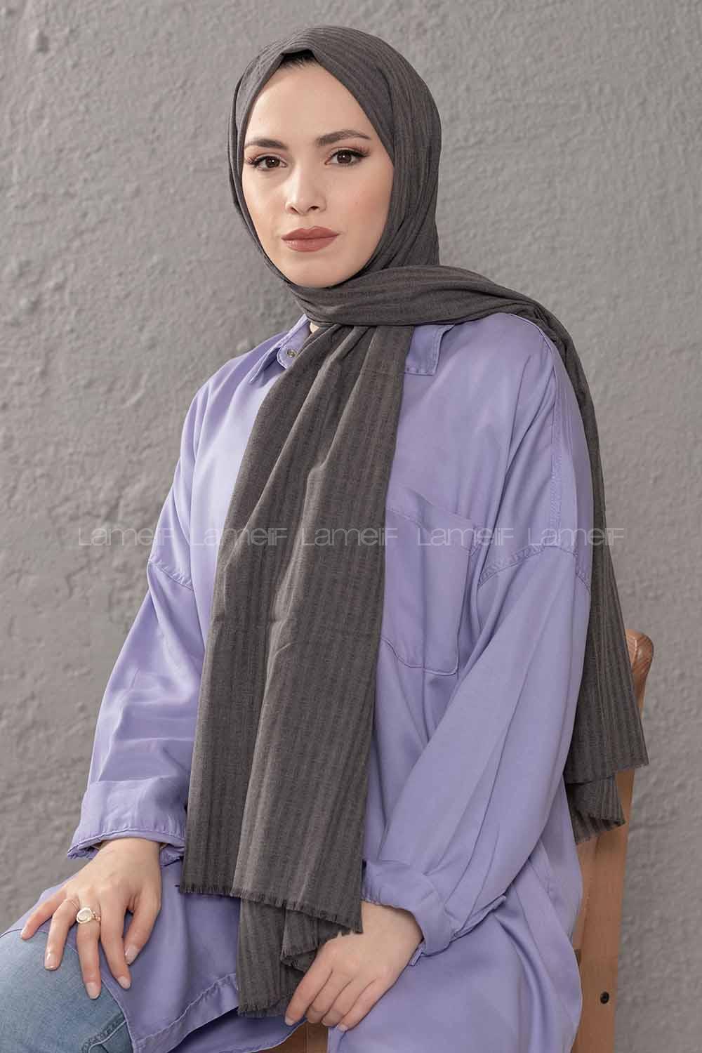Modalamelif Çizgili Keten Şal Füme