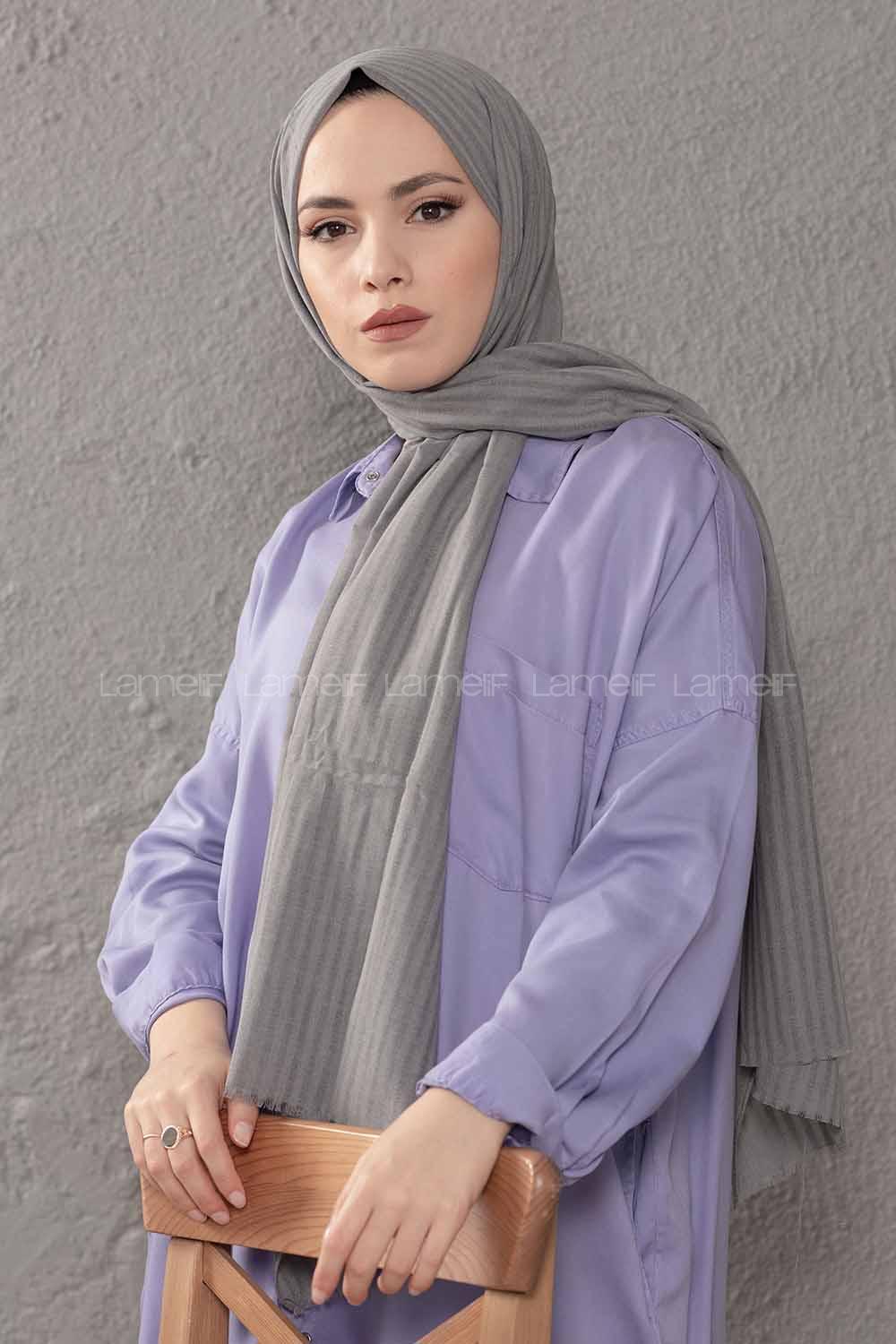 Modalamelif Çizgili Keten Şal Gri