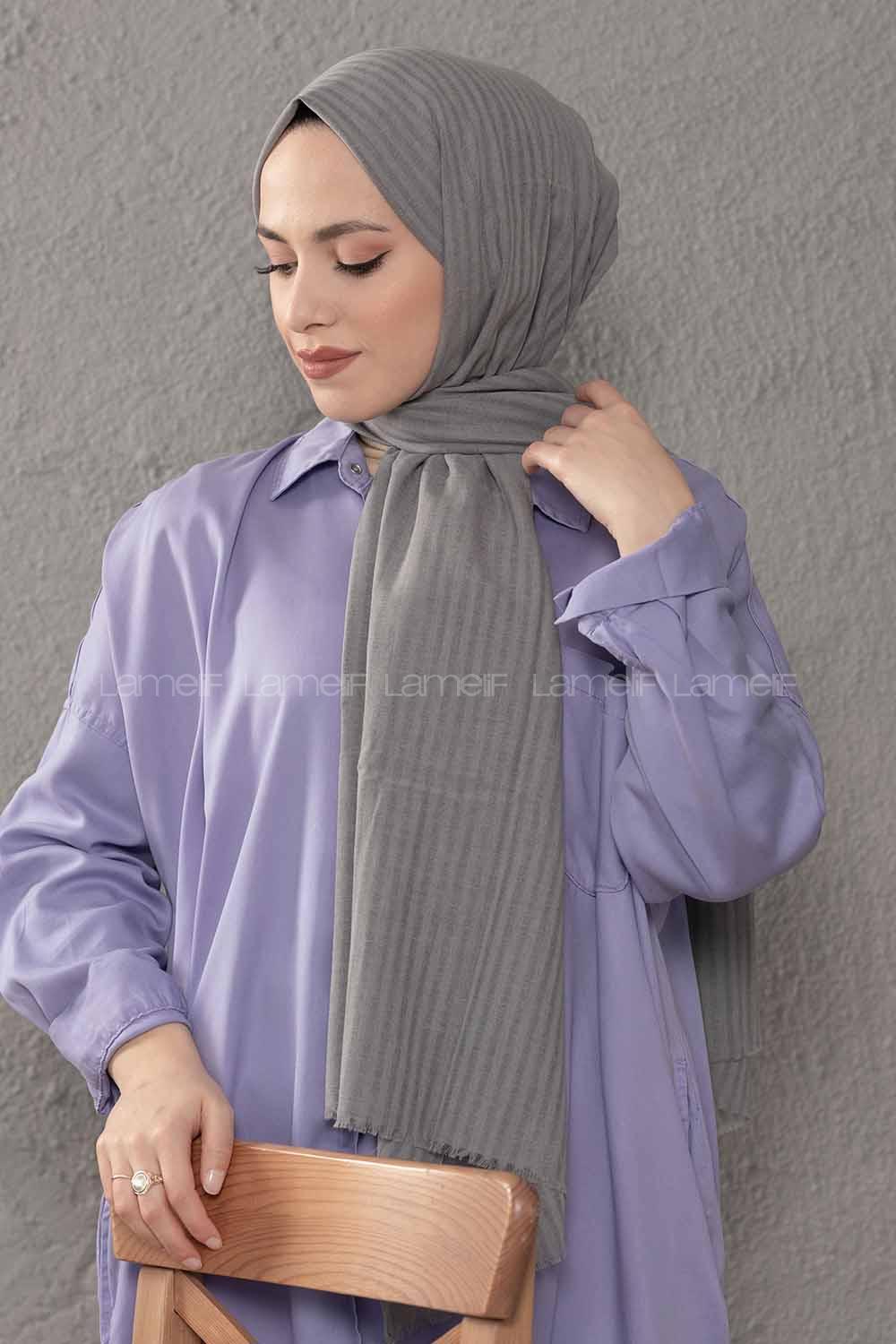 Modalamelif Çizgili Keten Şal Gri