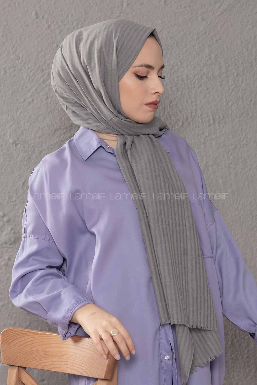 Modalamelif Çizgili Keten Şal Gri