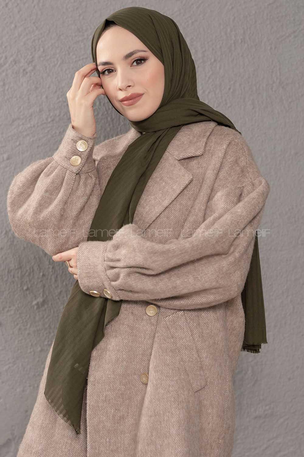 Modalamelif Çizgili Keten Şal Haki