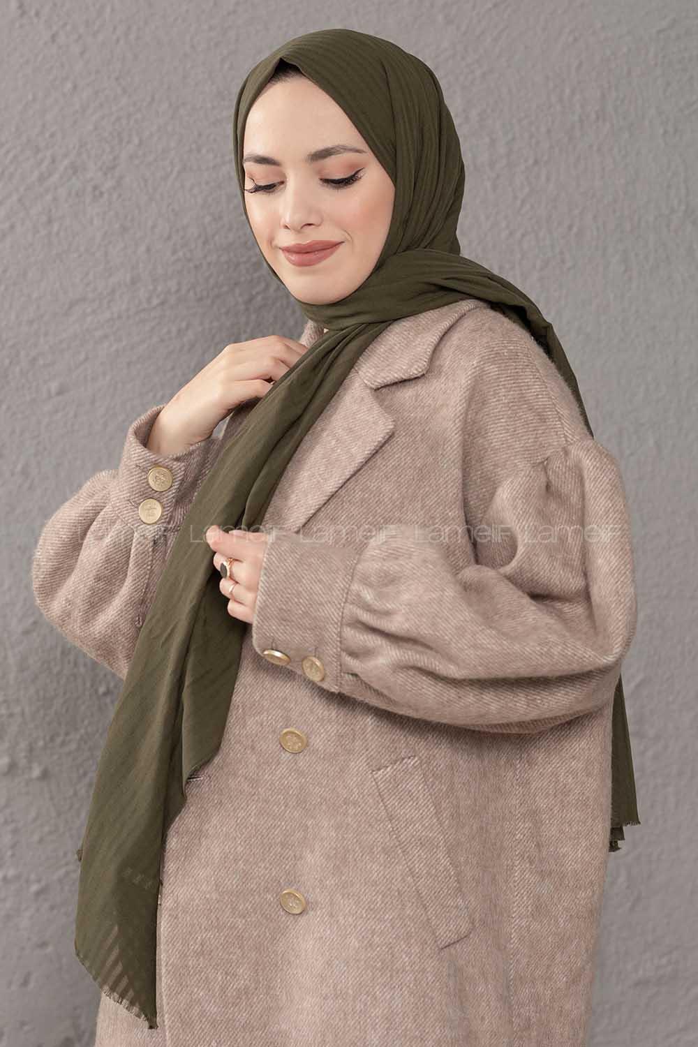 Modalamelif Çizgili Keten Şal Haki