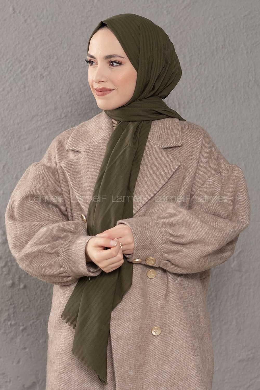 Modalamelif Çizgili Keten Şal Haki