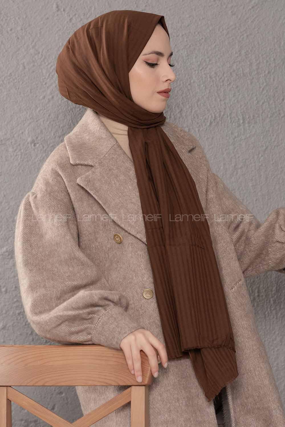 Modalamelif Çizgili Keten Şal Kahverengi