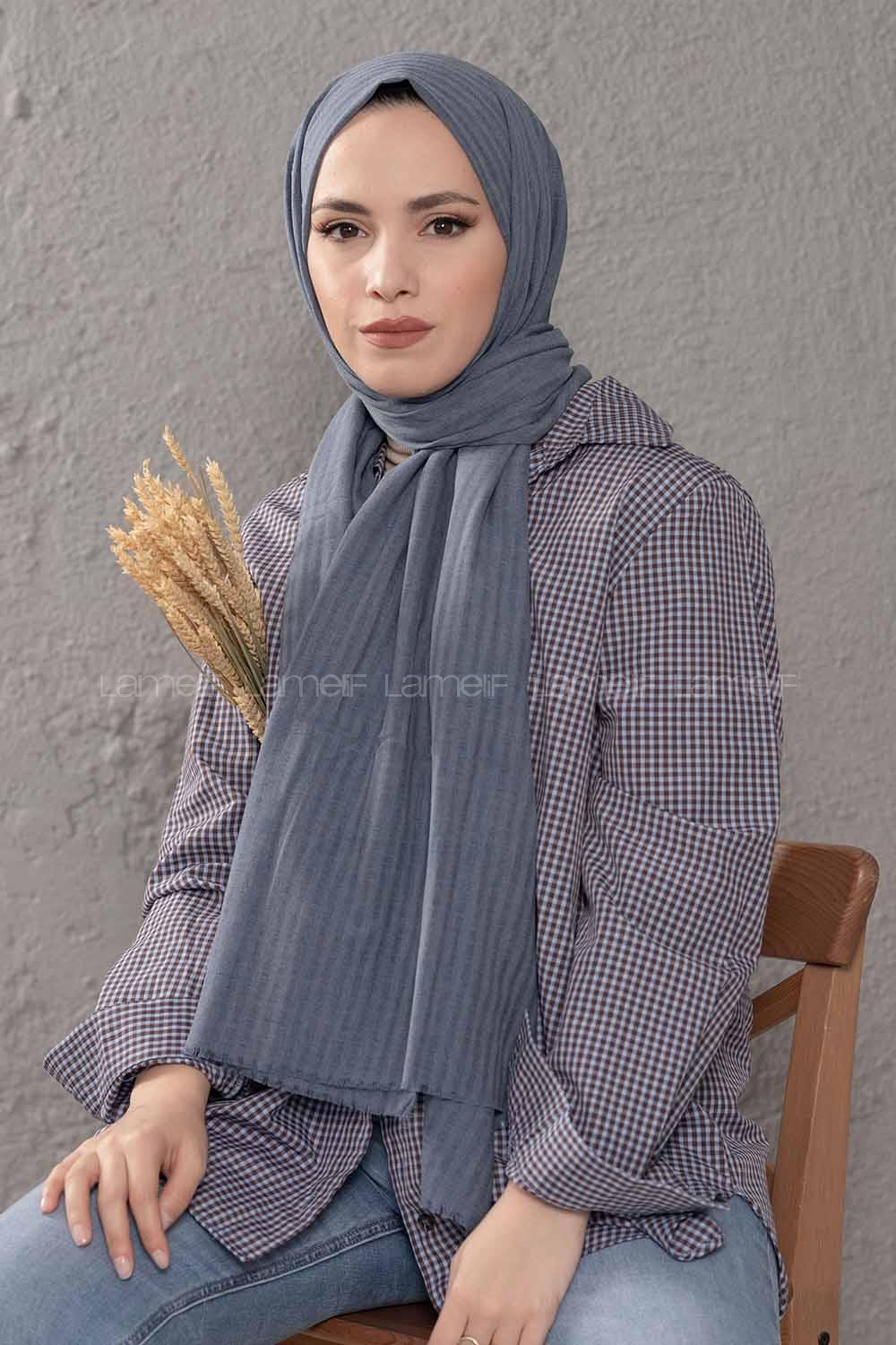 Modalamelif Çizgili Keten Şal Kot Mavisi