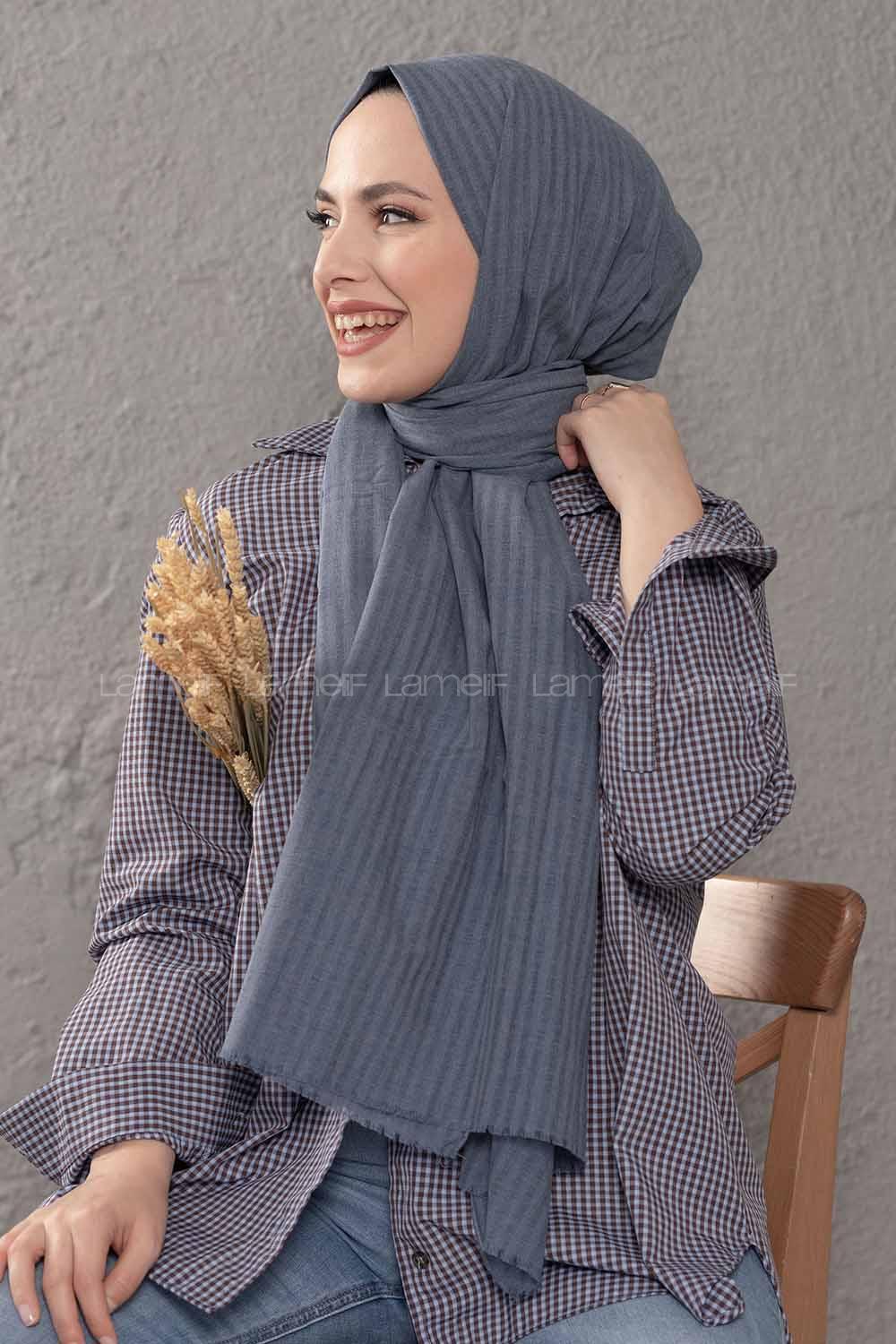 Modalamelif Çizgili Keten Şal Kot Mavisi