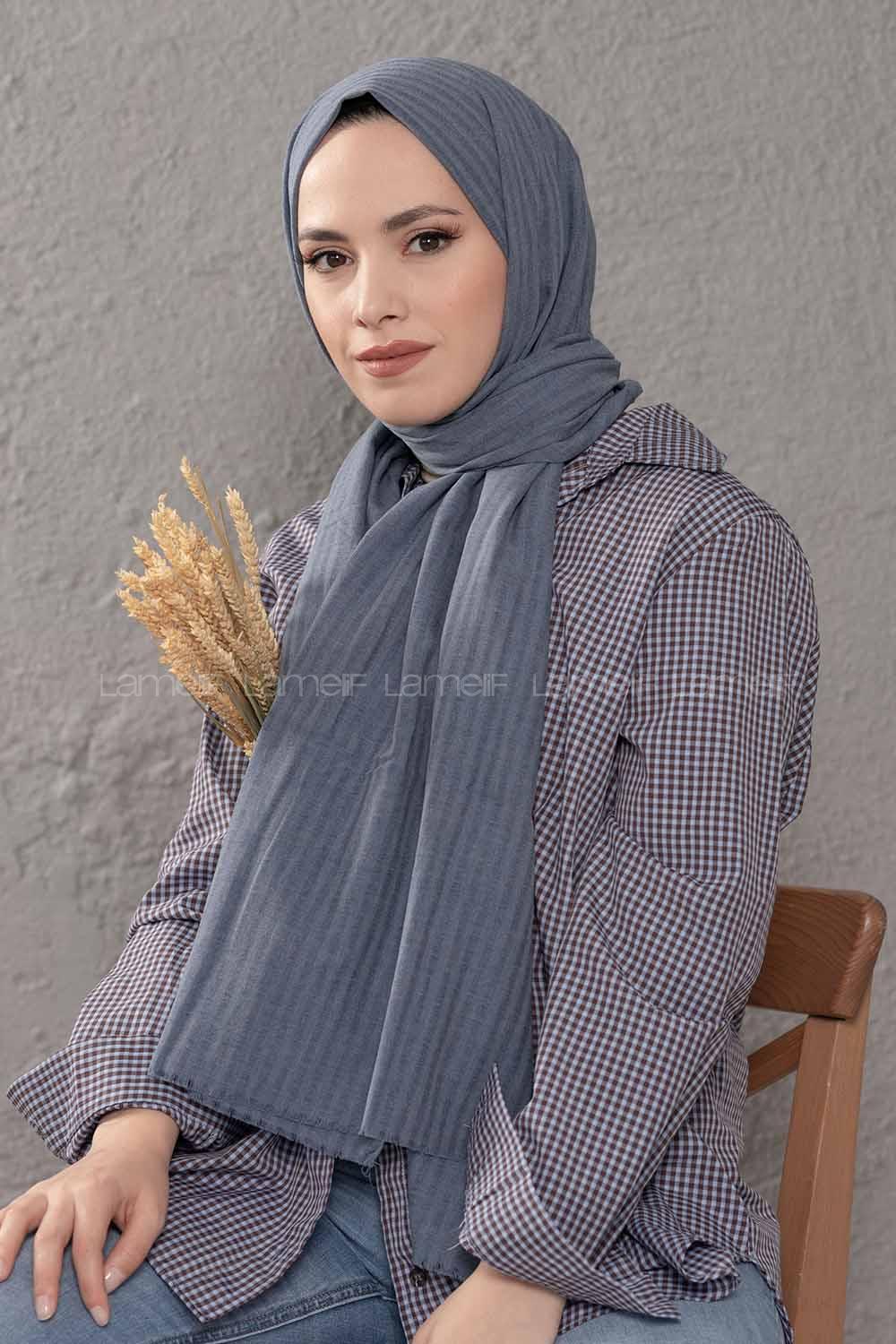 Modalamelif Çizgili Keten Şal Kot Mavisi