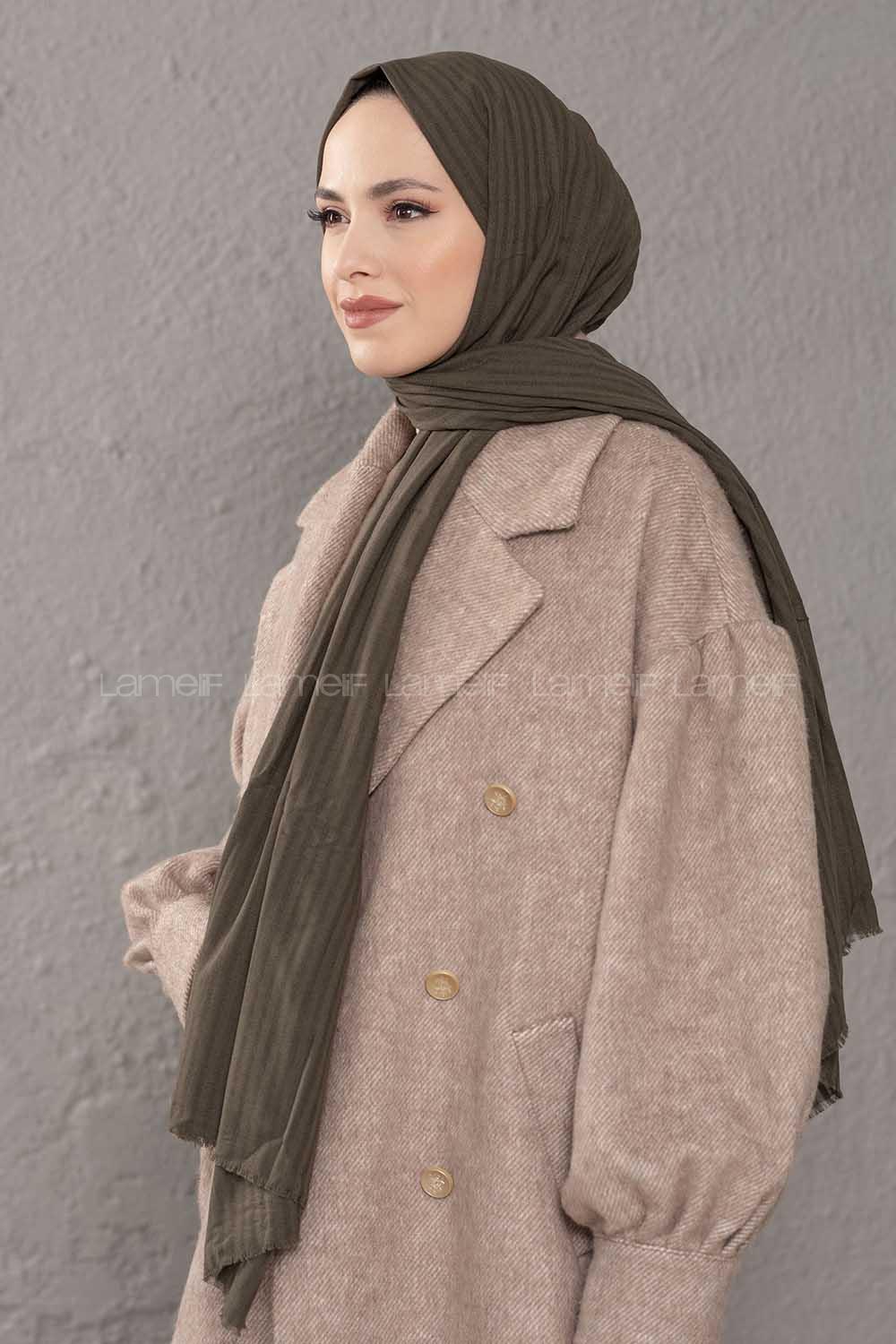 Modalamelif Çizgili Keten Şal Koyu Yeşil