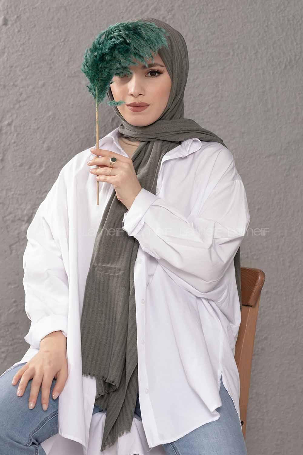 Modalamelif Çizgili Keten Şal Küf Yeşili