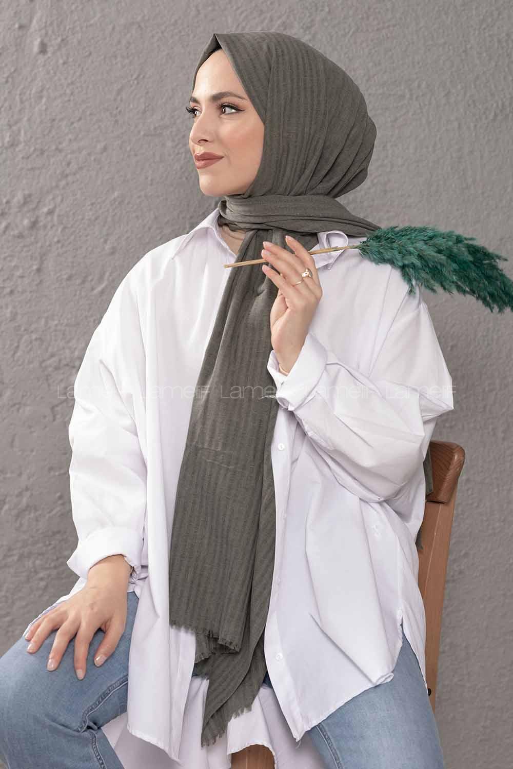 Modalamelif Çizgili Keten Şal Küf Yeşili