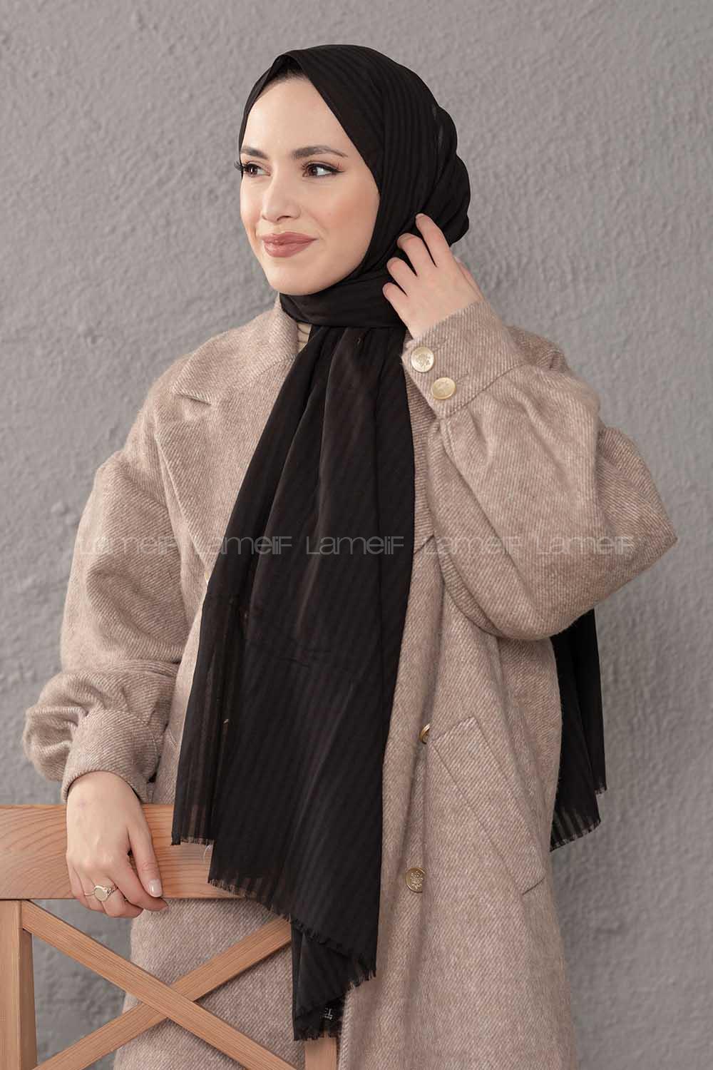 Modalamelif Çizgili Keten Şal Siyah