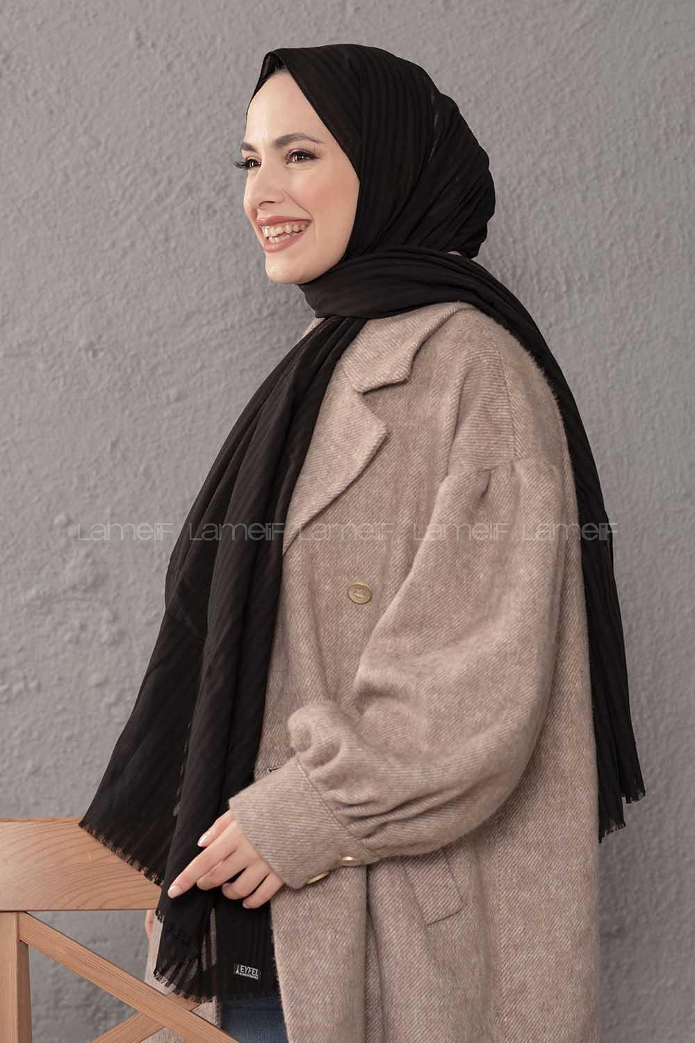 Modalamelif Çizgili Keten Şal Siyah