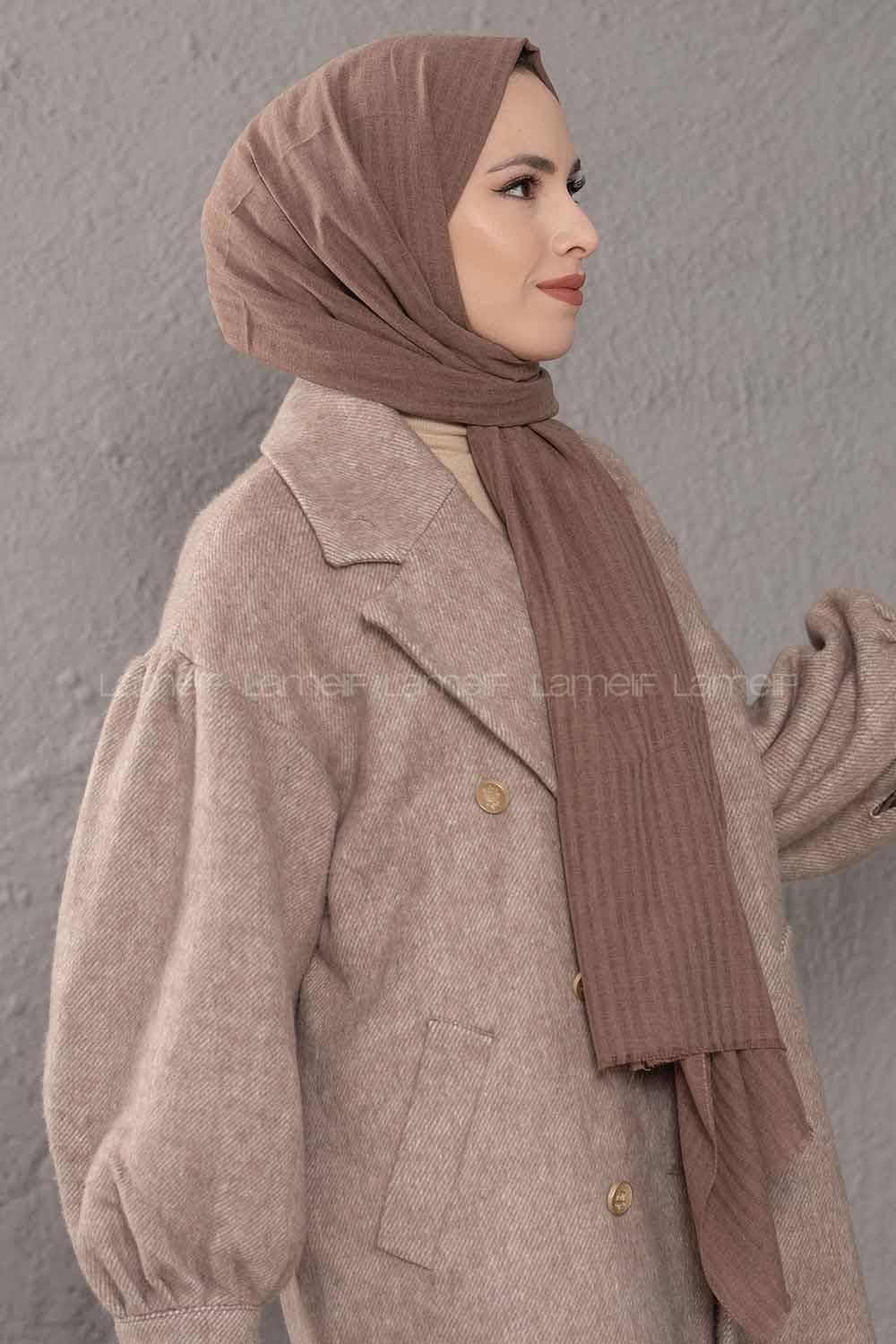 Modalamelif Çizgili Keten Şal Sütlü Kahve