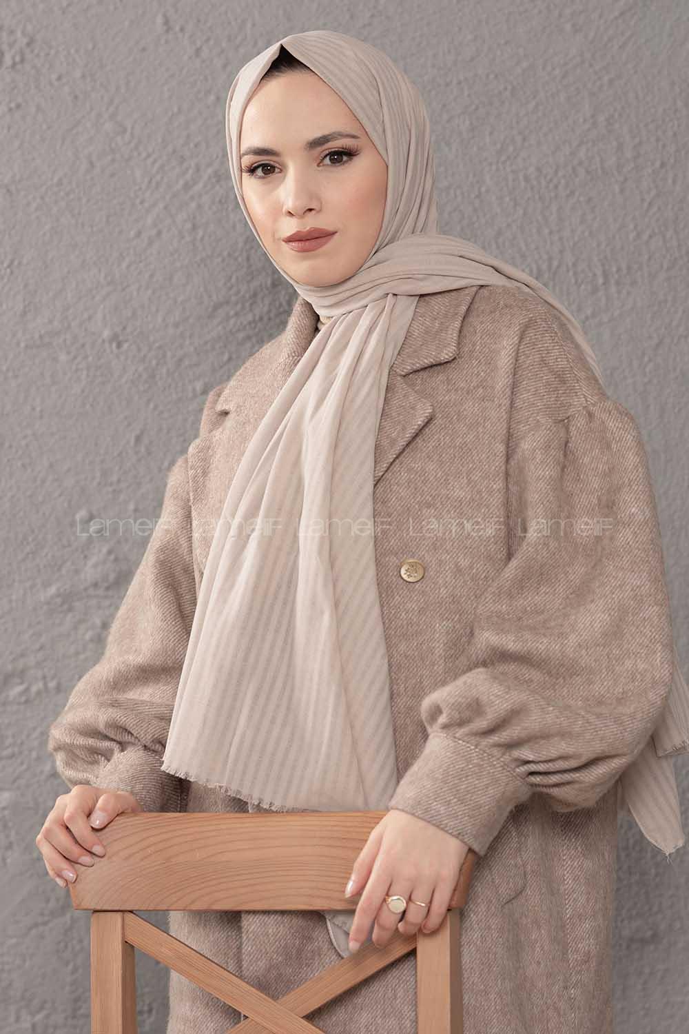 Modalamelif Çizgili Keten Şal Taş Rengi