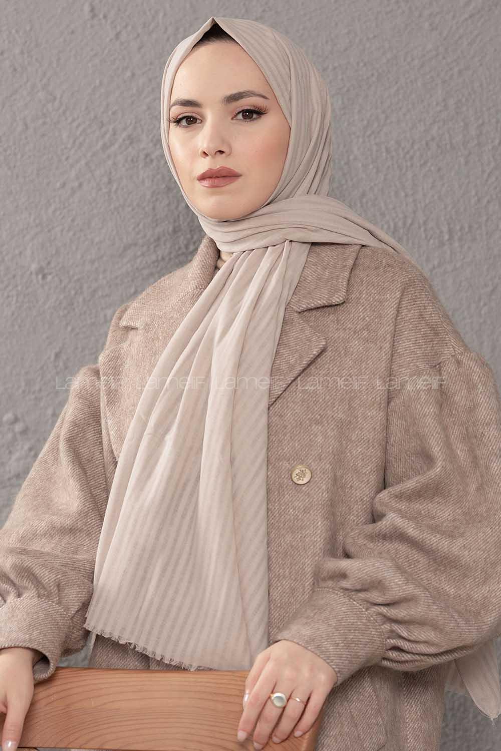 Modalamelif Çizgili Keten Şal Taş Rengi