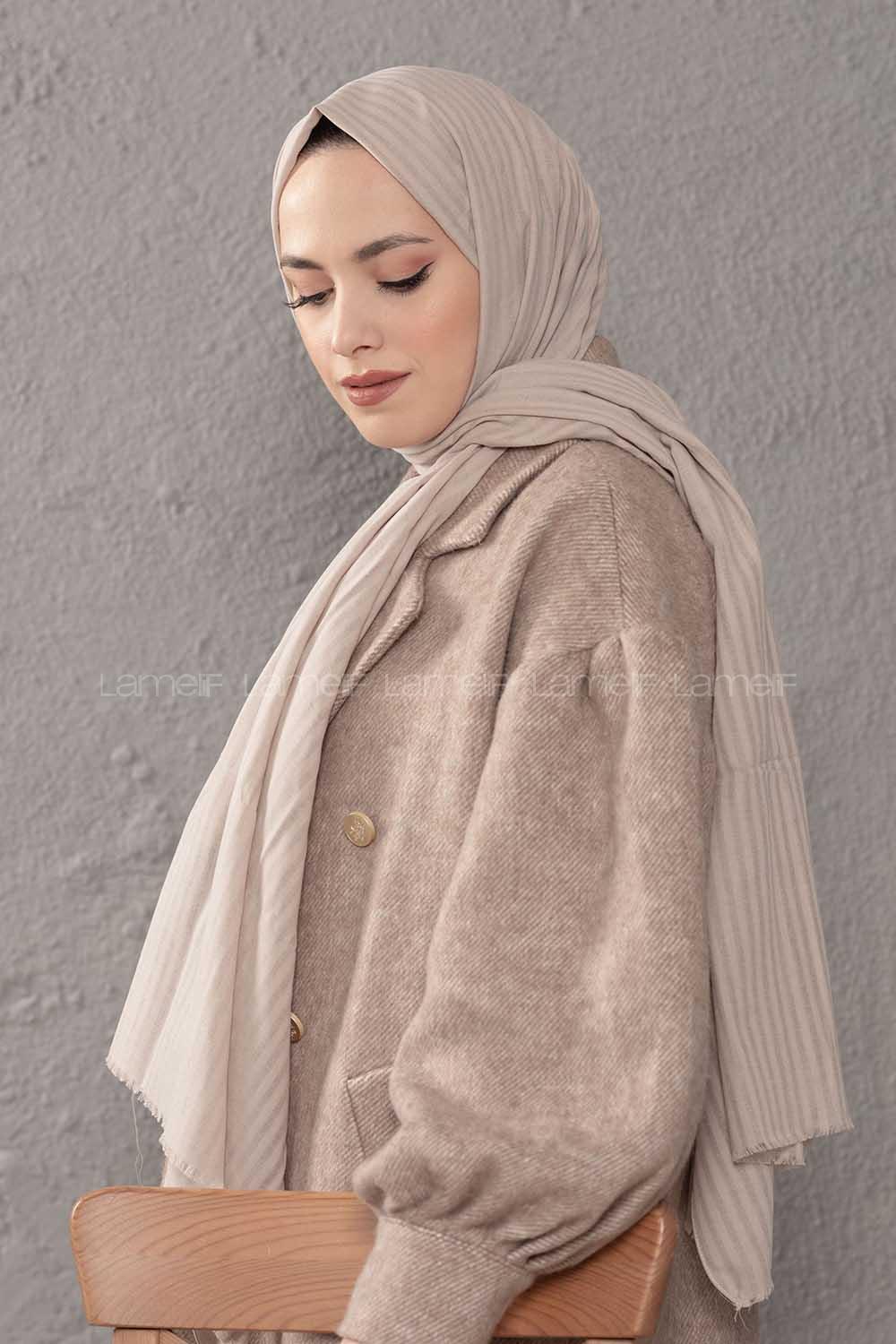 Modalamelif Çizgili Keten Şal Taş Rengi