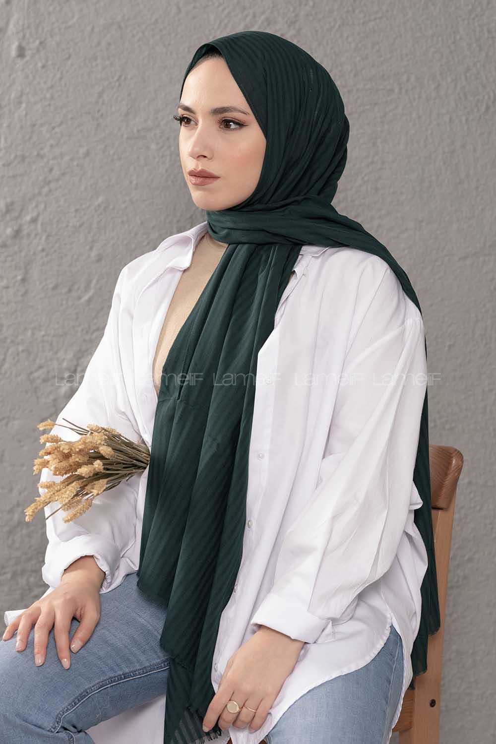 Modalamelif Çizgili Keten Şal Zümrüt Yeşili