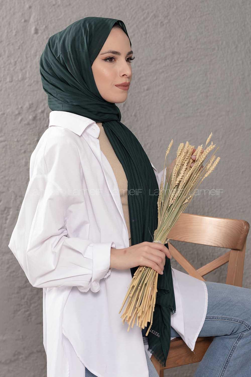 Modalamelif Çizgili Keten Şal Zümrüt Yeşili