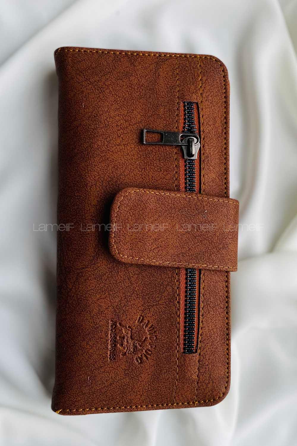 Modalamelif David Polo Büyük Boy Yumuşak Kumaş Çok Bölmeli Cüzdan Taba