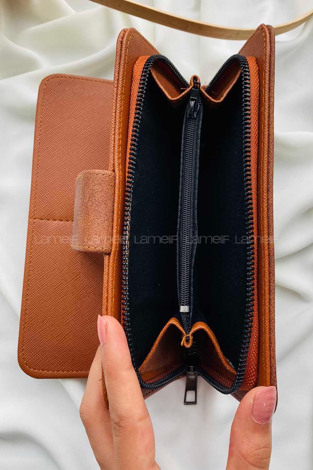 Modalamelif David Polo Büyük Boy Yumuşak Kumaş Çok Bölmeli Cüzdan Taba