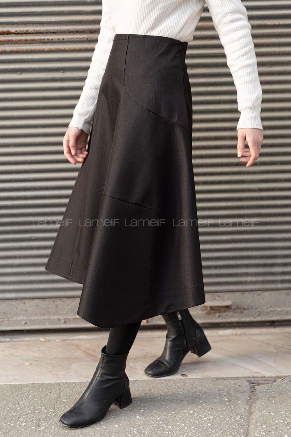 Modalamelif Gizli Fermuarlı Kloş Etek Siyah