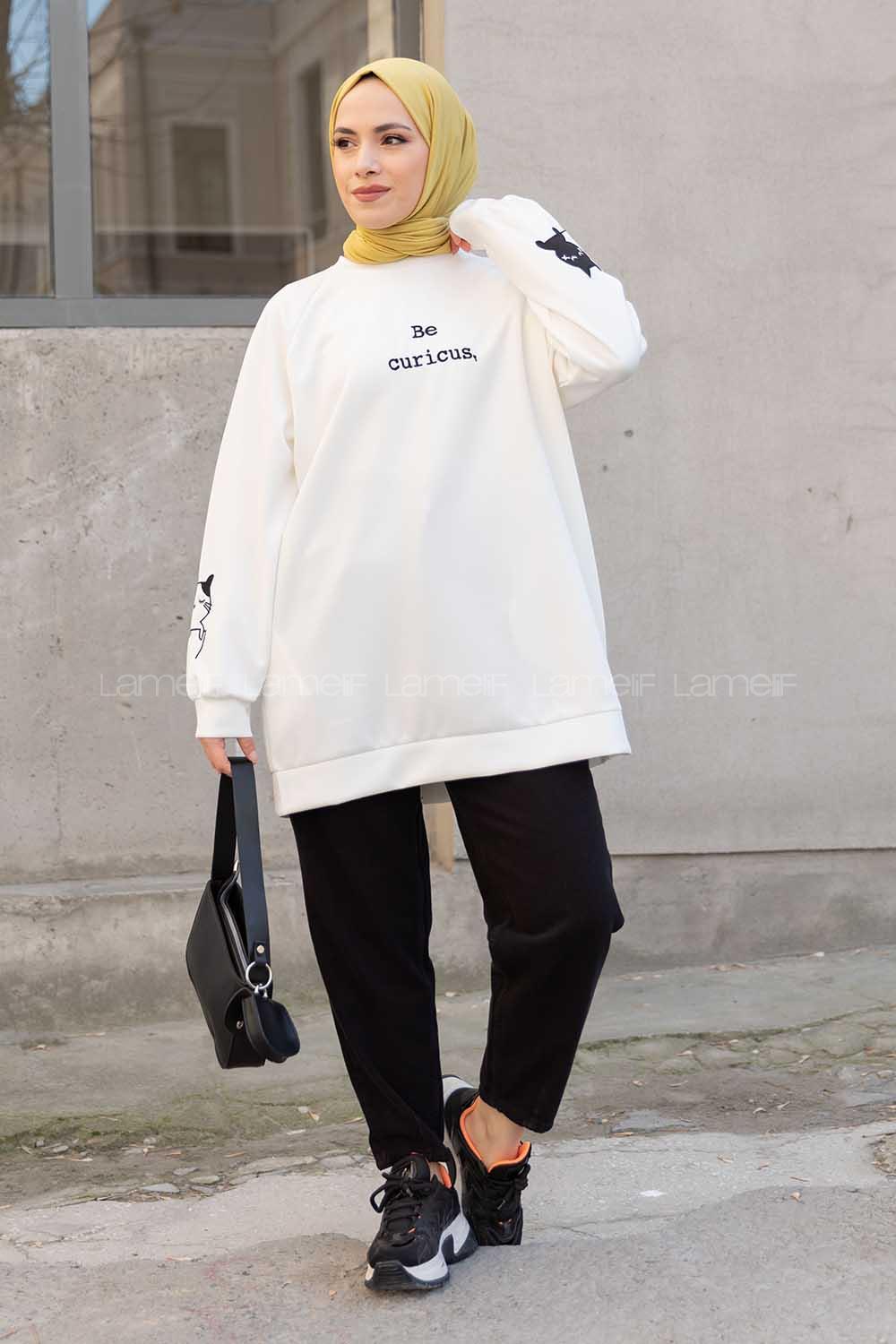 Modalamelif Kedi Baskılı Scuba Sweatshirt Ekru