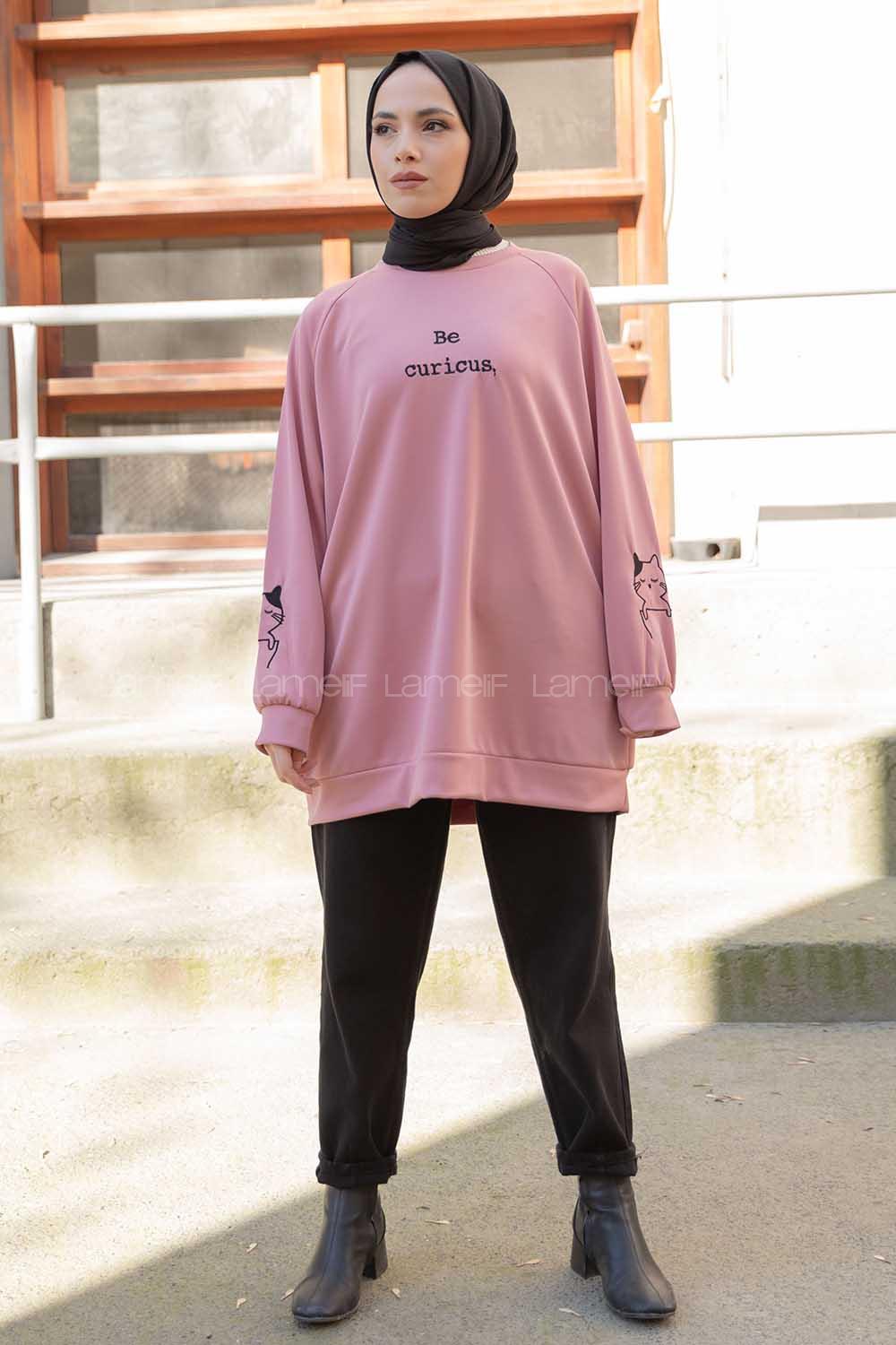 Modalamelif Kedi Baskılı Scuba Sweatshirt Pudra