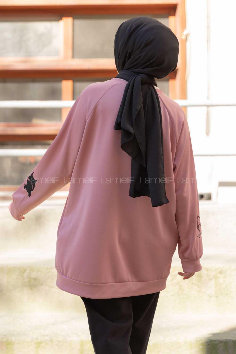 Modalamelif Kedi Baskılı Scuba Sweatshirt Pudra