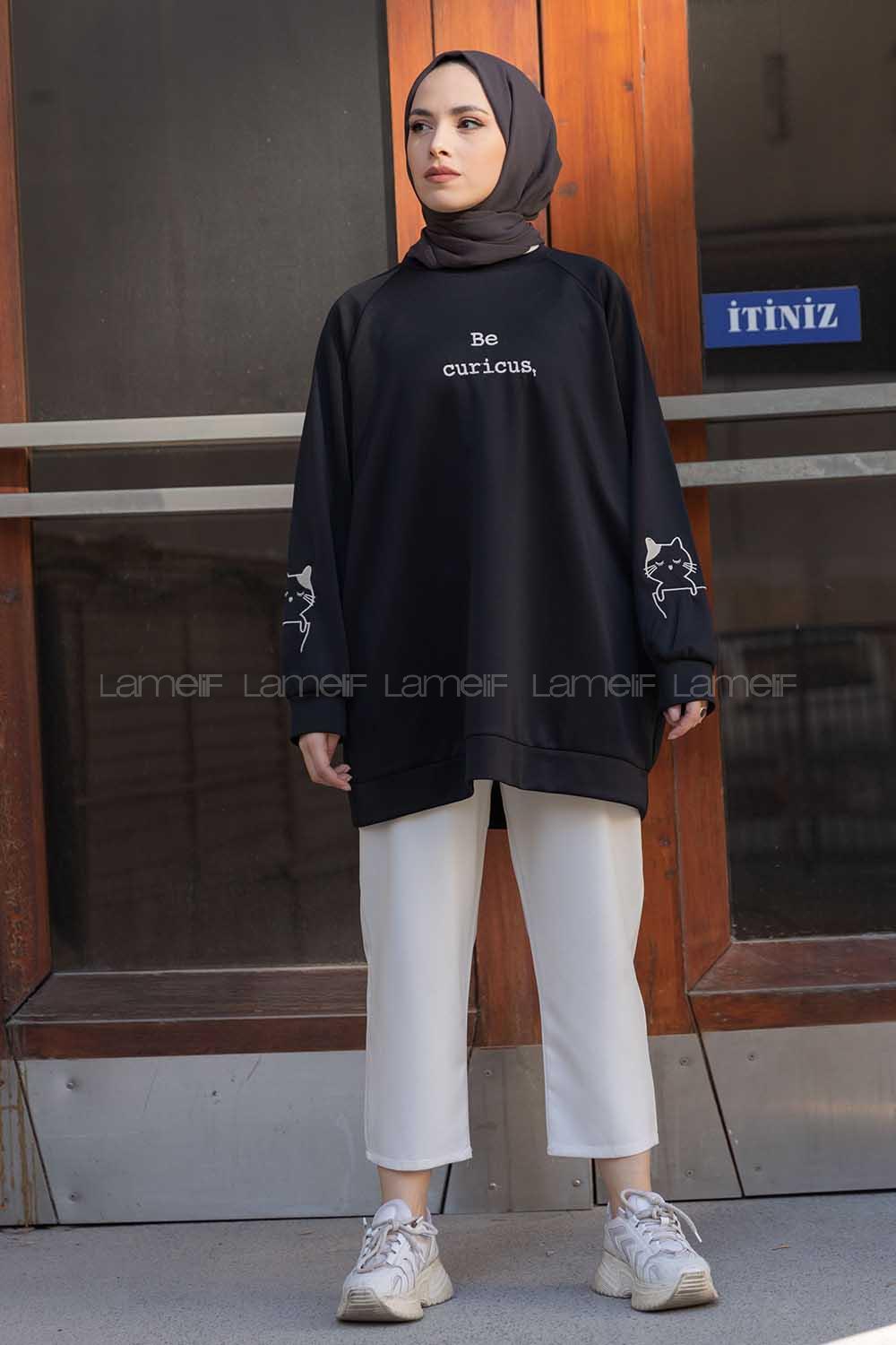 Modalamelif Kedi Baskılı Scuba Sweatshirt Siyah