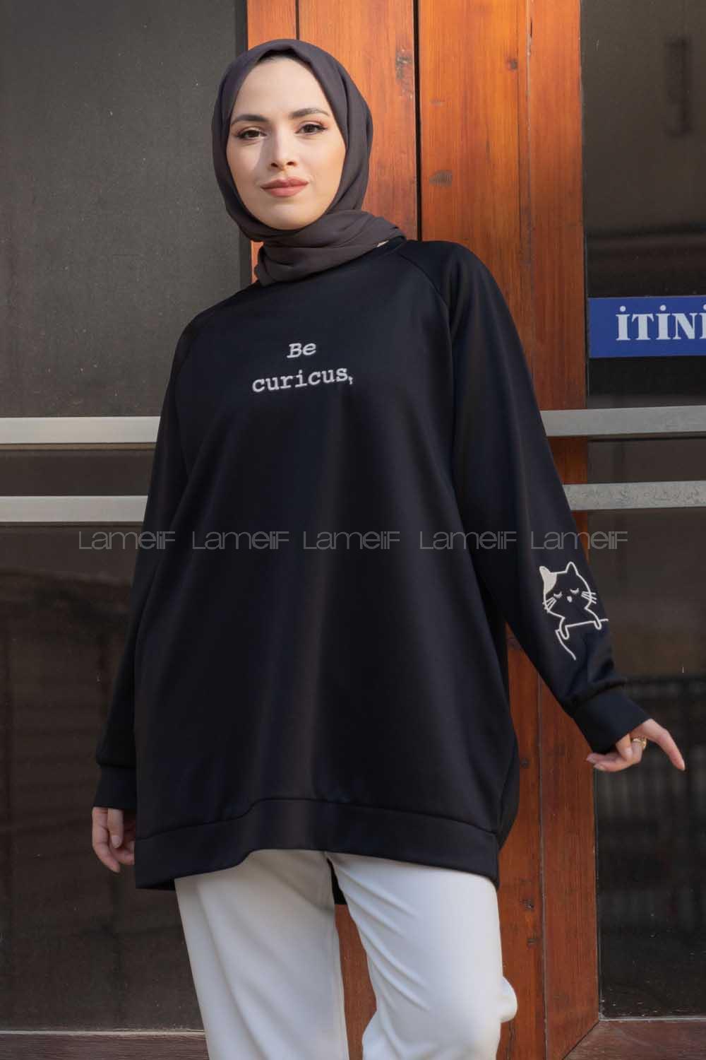 Modalamelif Kedi Baskılı Scuba Sweatshirt Siyah