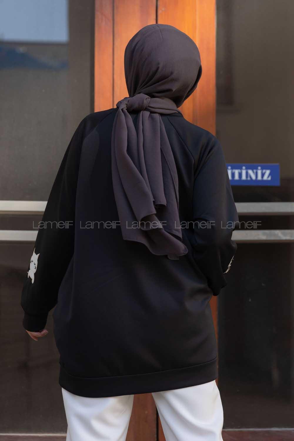 Modalamelif Kedi Baskılı Scuba Sweatshirt Siyah