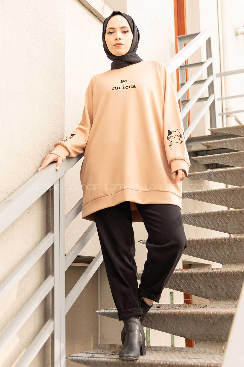 Modalamelif Kedi Baskılı Scuba Sweatshirt Sütlü Kahve