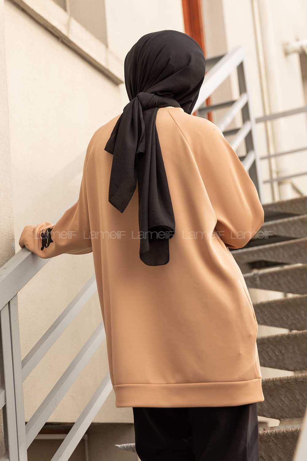 Modalamelif Kedi Baskılı Scuba Sweatshirt Sütlü Kahve