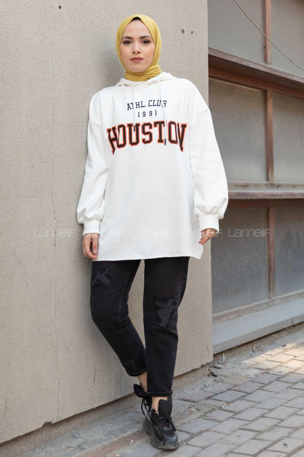 Modalamelif Önü Baskılı Kapşonlu Sweatshirt Ekru