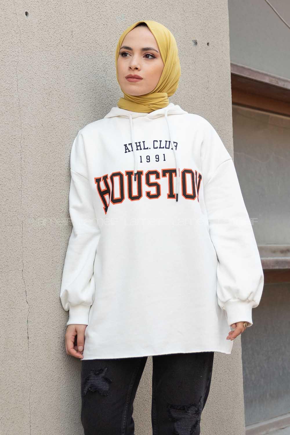 Modalamelif Önü Baskılı Kapşonlu Sweatshirt Ekru