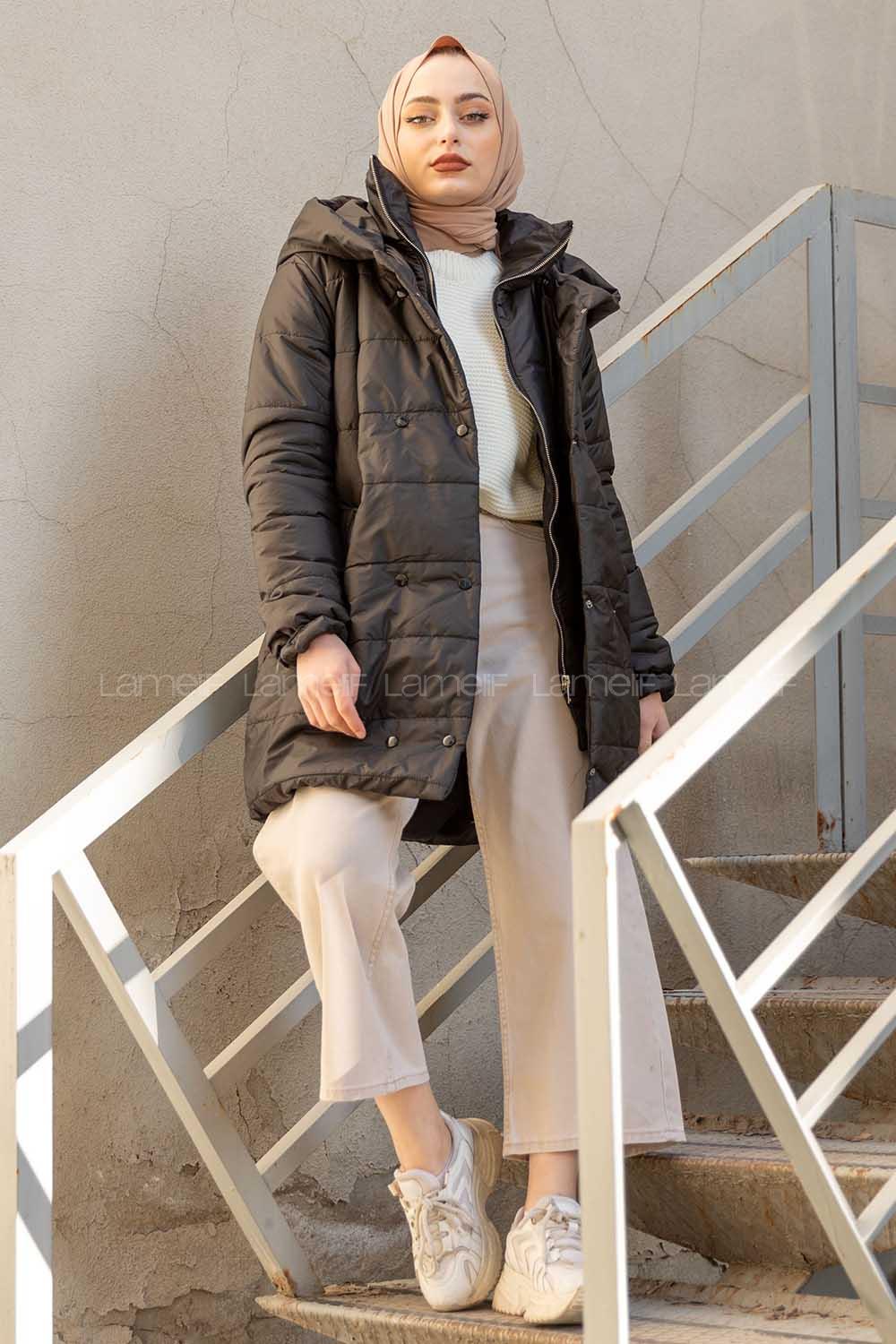 Modalamelif Önü Çıtçııt Düğmeli Kapşonlu Şişme Mont Siyah