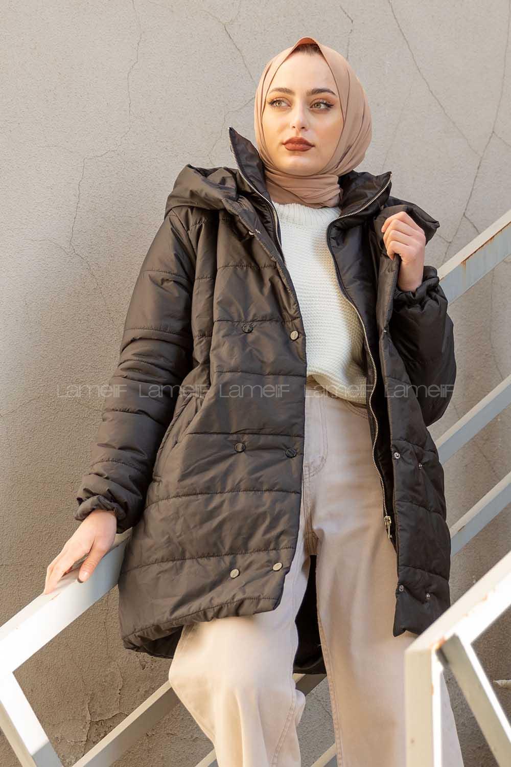 Modalamelif Önü Çıtçııt Düğmeli Kapşonlu Şişme Mont Siyah