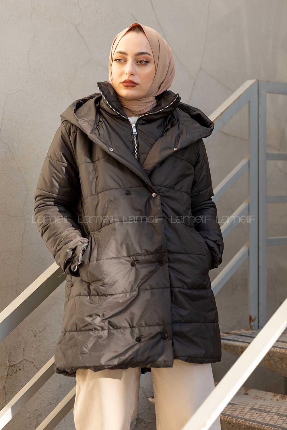 Modalamelif Önü Çıtçııt Düğmeli Kapşonlu Şişme Mont Siyah