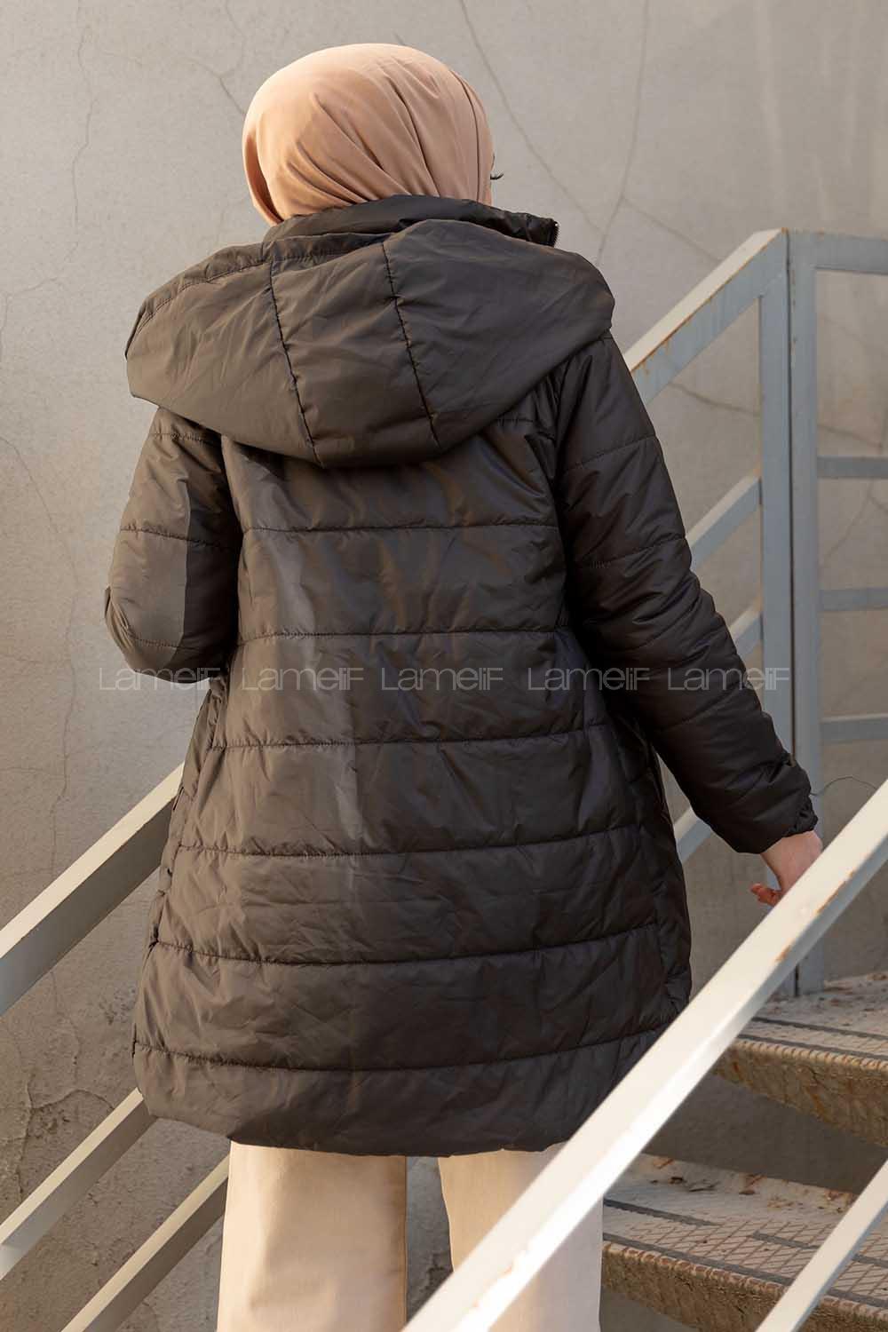 Modalamelif Önü Çıtçııt Düğmeli Kapşonlu Şişme Mont Siyah