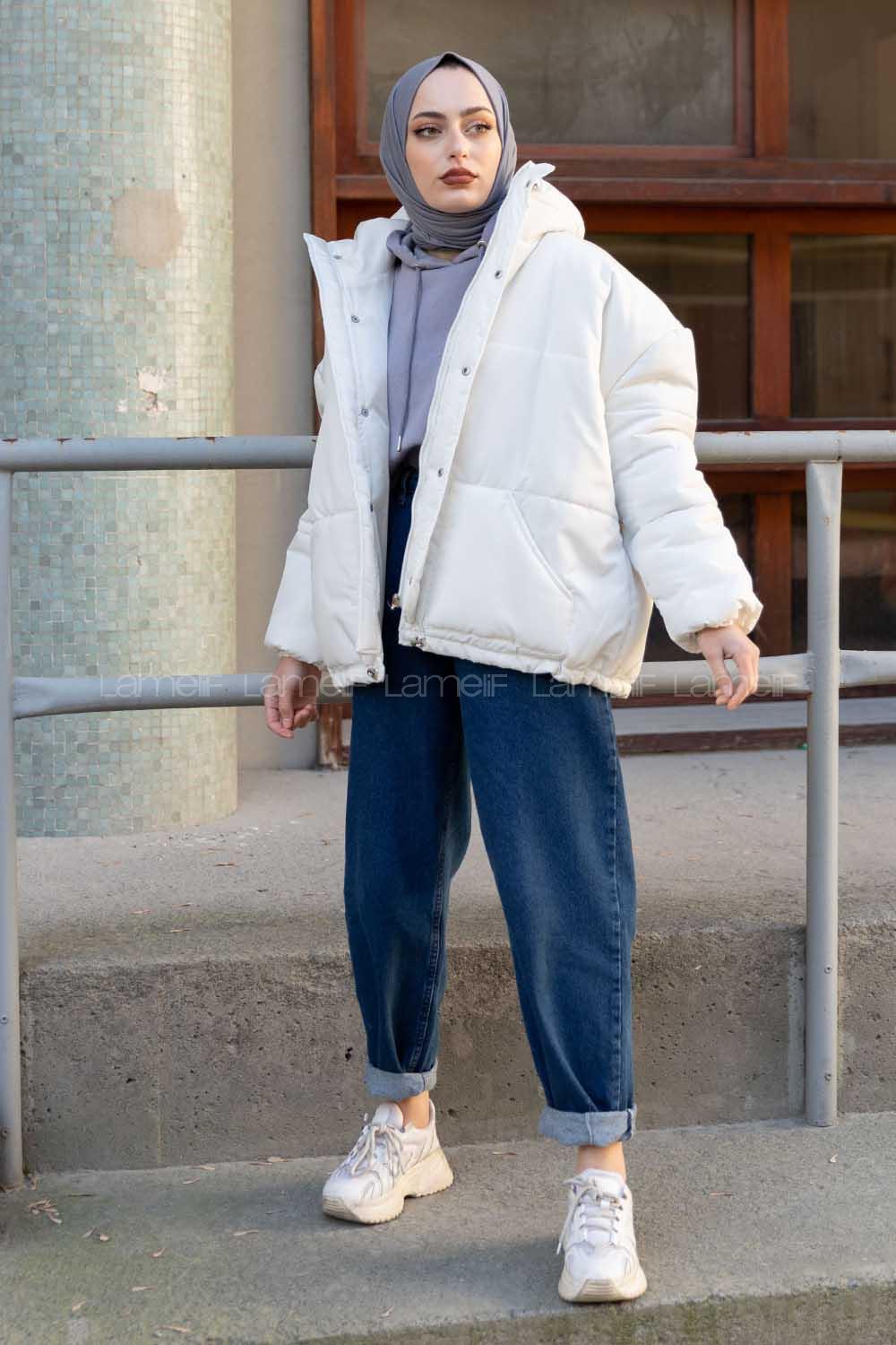 Modalamelif Önü Çıtçıt Düğmeli Kapşonlu Mont Ekru