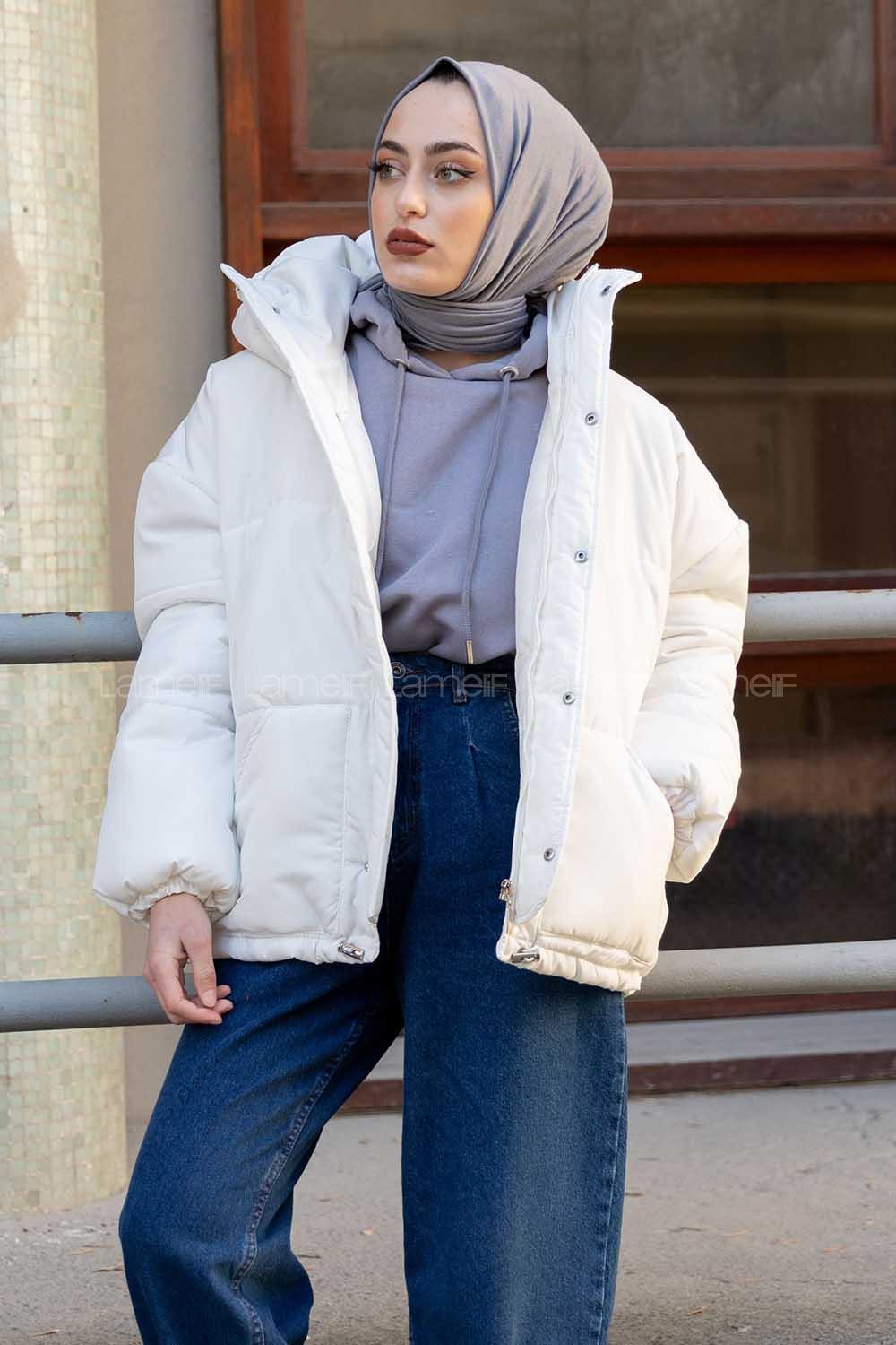 Modalamelif Önü Çıtçıt Düğmeli Kapşonlu Mont Ekru